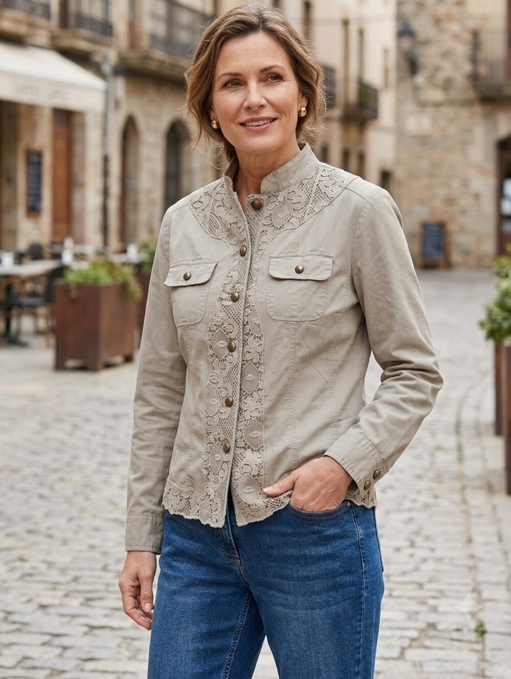 Tantrums Boho Chic Taupe Military Lace Accent Jacket Women's XL